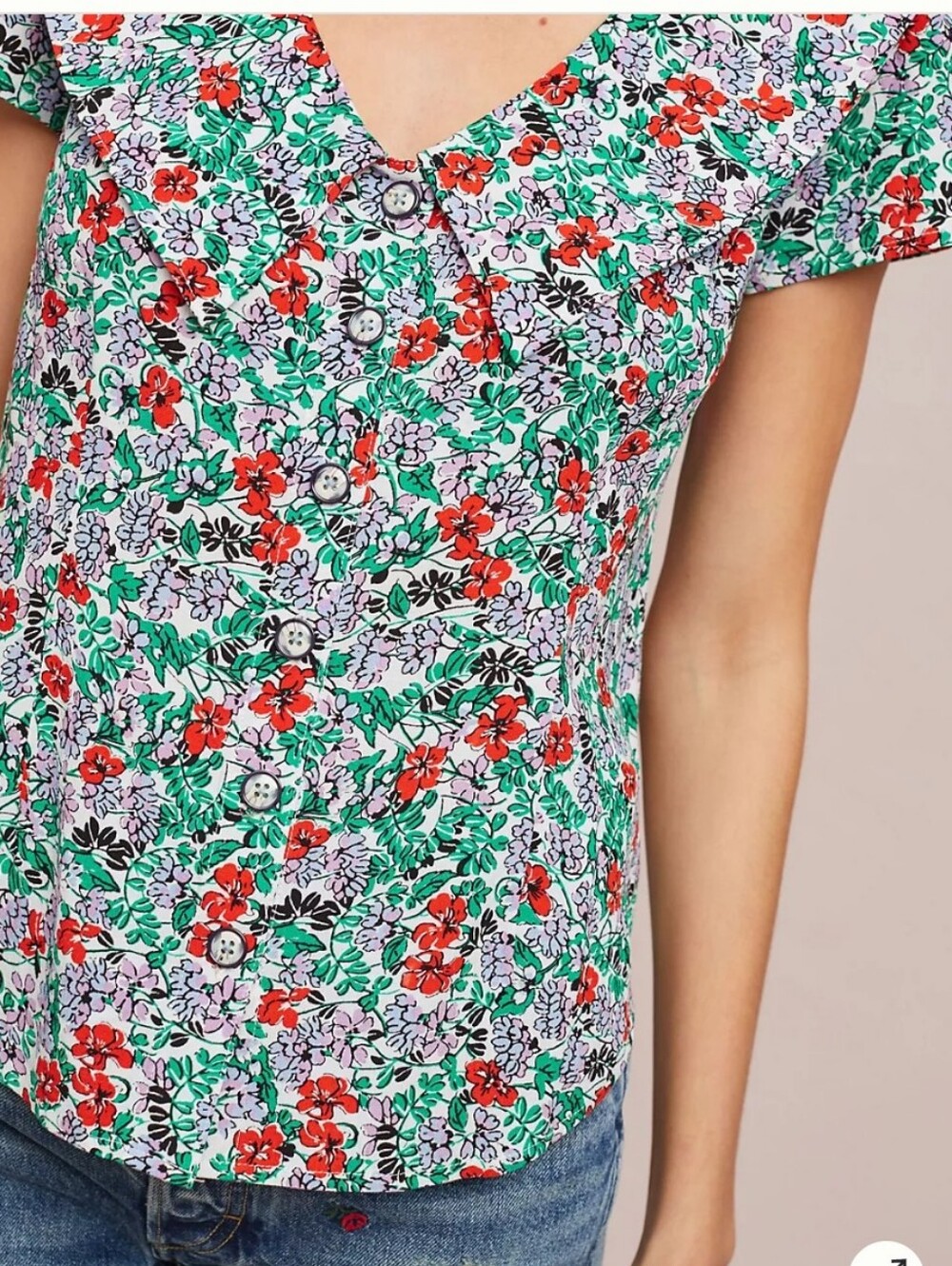 Maeve Floral Button-Front Blouse in Green, Red, Lavender